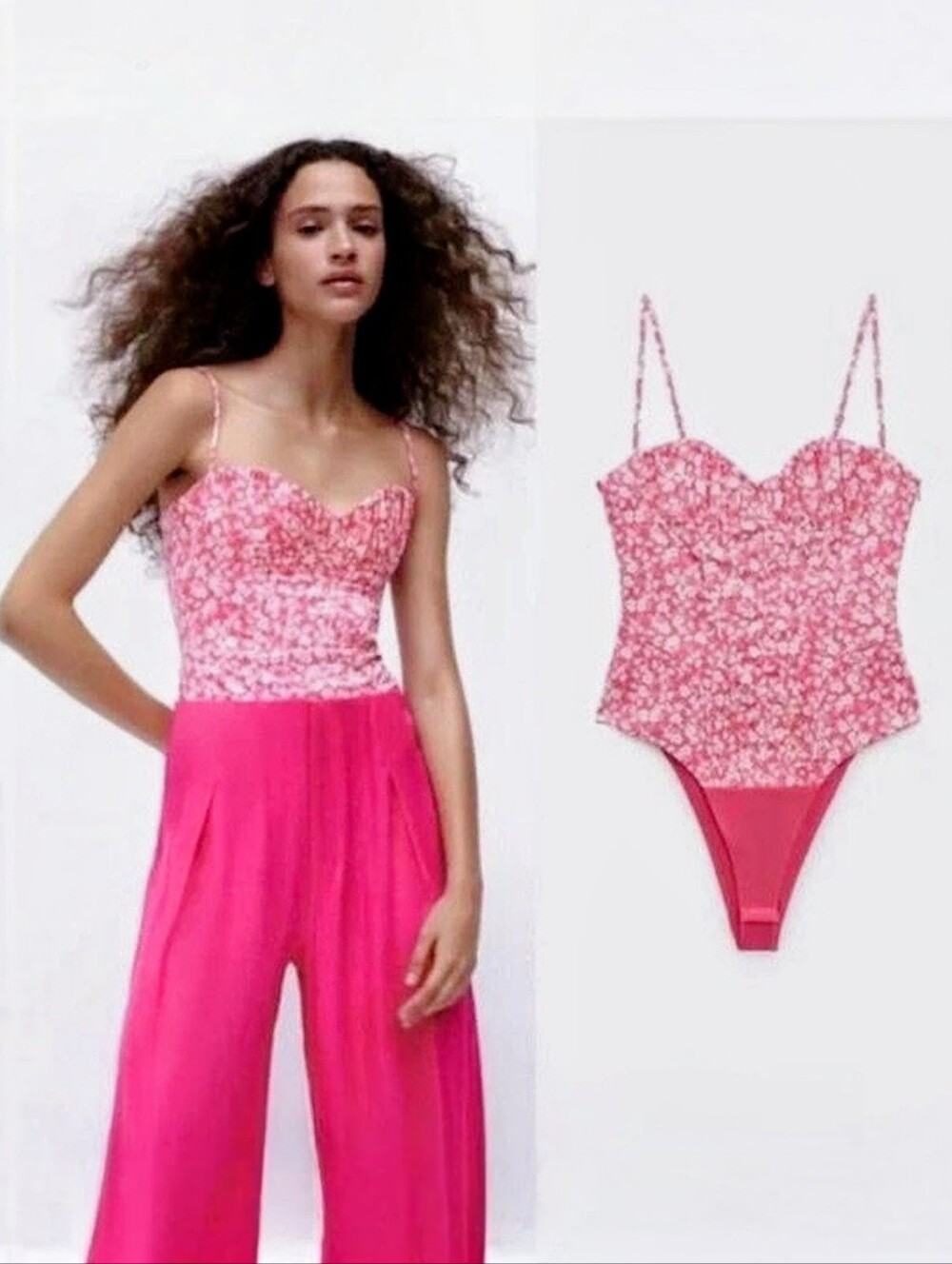 Zara Corset Bodysuit Pink White Floral Underwire Stretch Bustier Size M NWT